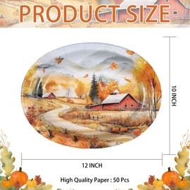 Grencian 50 Pcs Fall Landscape Oval Paper Plates Thanksgiving Oval Paper Plates 10" x 12" Large Disposable Heavy Duty Autumn Scenery Platters for Fall Theme Party Harvest Holiday Party Supplies