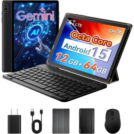Android Tablet 10 inch, Android 15 Tablet with Keyboard, Mouse, 4G LTE Cellular, IPS Display, Gemini AI, MediaTek Octa Core Processor, 12GB+64GB, 2TB Expandable,5G Wi-Fi, GPS, 2-in-1 Tablets with Case