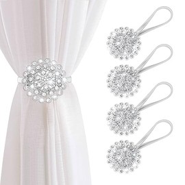 AULEEP Magnetic Curtain Tiebacks, 4 Pack Modern Metal Curtain Tie Backs, Indoor & Outdoor Use Decorative Drapes Clips Buckle with Crystal Flower Beads for Thin or Thick Curtains(Silver)