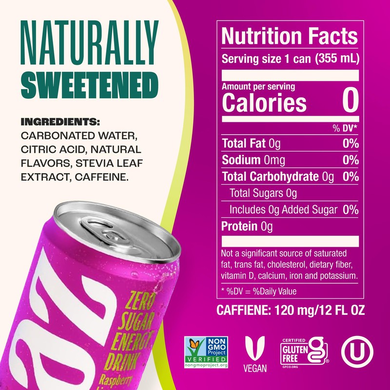 Zevia Zero Sugar Energy Drink, Raspberry Lime, 12 oz Cans