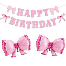 Pink Bow Happy Birthday Banner for Bow Coquette Themed Birthday Party Decorations Birthday Decortions