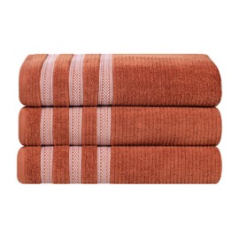 Superior Cotton Bath Towel Set, Zero Twist, Ribbed Geometric, Large Plush Absorbent Body Towels, Luxury Soft Quick Drying, Shower, Spa, Hotel, Pool, Guest Bathroom, Home Essentials, Set of 3, Rust
