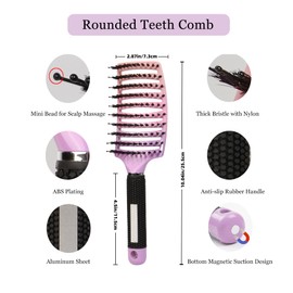 TOPNPEKO Bristle Hair Brush, Detangling Brush Curved Vented Massage Hairbrush for Women Men & Wet Dry Long Thick Curly Straight Hair/Fast Drying Styling -Purple