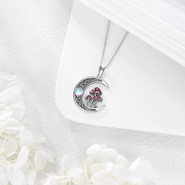 JERWL Mushroom Necklace 925 Sterling Silver Moonstone Necklace Magical Red Mushroom Pendant Jewelry Gifts for Women