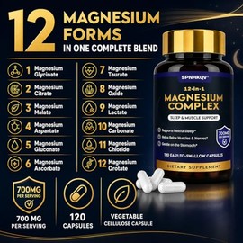 Suplemento Complejo de Magnesio 12 en 1 Spnhkqv Cpsulas de Glicinato de Magnesio de Alta Absorcin de 700 MG para Mujeres y Hombres, que Favorecen los 