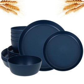 EI 12pcs Dark Blue Wheat Straw Dinnerware Set,Wheat Straw Plates,Plastic Plates Reusable,Plate and Bowls Sets,Unbreakable Plastic Plate for Dinner, Camping,Picnic