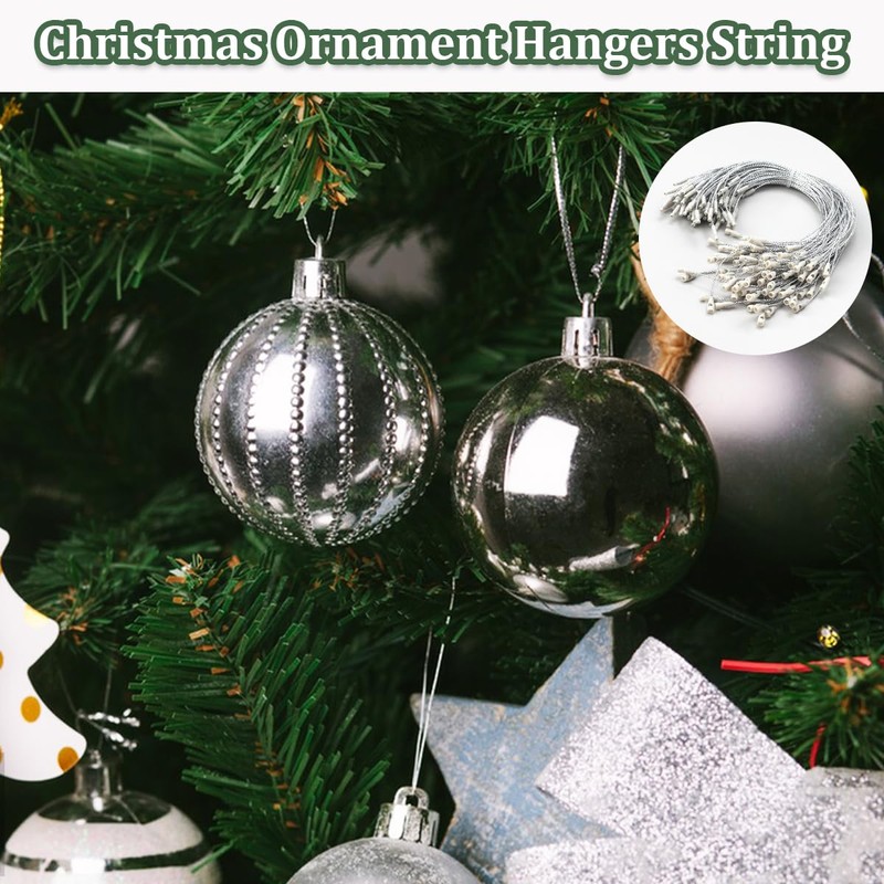 100Pcs Christmas Tree Ornament Hanger String Silver Ribbon with Snap