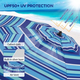 BondFree Beach Umbrellas for Sand Heavy Duty Wind, Portable Sun Shade Umbrella,7FT Sun Umbrella Beach, UPF 50+ PU Coating Beach Umbrella with Carry Bag Hook
