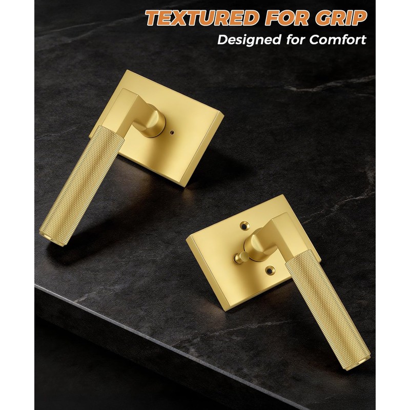 Probrico Brushed Gold Privacy Door Handle, Knurled Lever, Heavy Duty