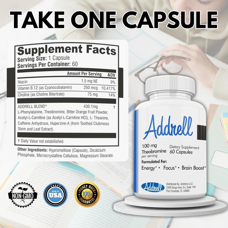 Focus Pep Addrell Energy Stimulant Pills- Natural Study Supplements Alternative