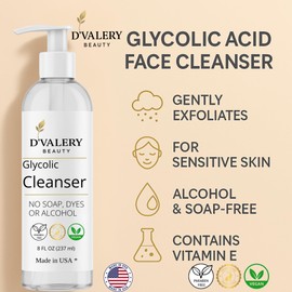 D' VALERY BEAUTY Glycolic Acid Cleanser – Face Wash for Women – Anti Aging Face Wash with Vitamin E – Face Exfoliator for Radiant Skin - Limpiador Facial – 8 oz