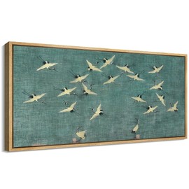 MUDECOR Extra Large Framed Canvas Print Wall Art Serene Skies White Birds in Flight on Teal Antique Retro Fine Art Illustrations Decorative Colorful for Bedroom - 60"x30"