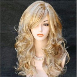 KIXIGO Long Curly Side Part Bangs Wigs Blonde with Highlights Wig for Women Synthetic Heat Resistant Natural Looking Wigs (Blonde with Highlights)