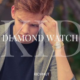 richhut Luxury Diamond Watch for Kids Teen - Iced Out Bling 18K Real Gold Plated - 39mm Round Dial Strap 7.5" - Adjuster Tool Included