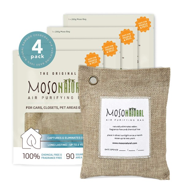 Moso Natural Air Purifying Bag 200g (4 Pack). A Scent Free Odor Eliminator for Cars, Closets, Bathrooms, Pet Areas. Premium Moso Bamboo Charcoal Odor Absorber. (Beige Linen)