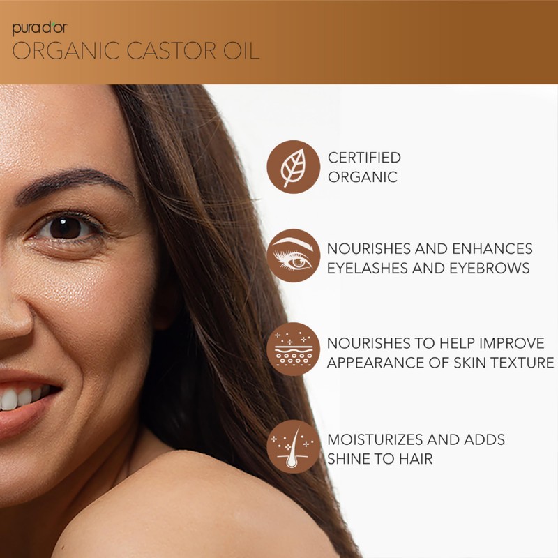 PURA D'OR 16.9 Oz ORGANIC Castor Oil (GLASS BOTTLE) 100%