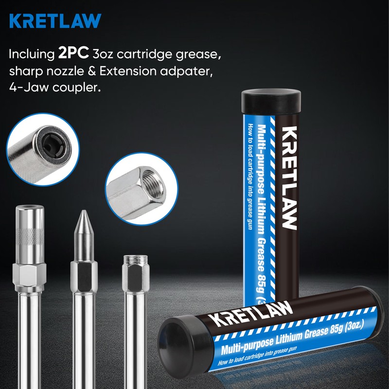 KRETLAW Mini Grease Gun (3000PSI) with Double 3oz Cartridge Grease