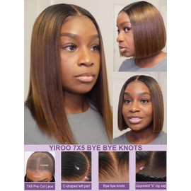 YIROO Yaki Straight Bob Wig Ombre Brown Human Hair Bye Bye Knots Glueless Wig Chestnut Brown Pre Cut 7x5 HD Lace Front Lace Put On and Go Pre Bleached Pre Plucked with Dark Roots Yaki Bob Wig 10Inch