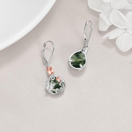VONALA Moss Agate Earrings Butterfly Leverback Earrings for Women 925 Sterling Silver Moss Agate Dangle Drop Earrings Jewellery Birthday Gifts for Her Girl Mum