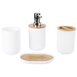 Juego de Accesorios de Baño de 4 Piezas, Juego de Duradero Resistente Al Agua de Bambú, Taza de Cepillo de Dientes de Plástico, Dispensador de Loción, Caja de, Taza