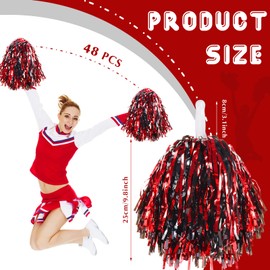 VAIPI 48 Pack Cheerleading Pom Poms Kit with Baton Handle Metallic Foil Squad Team Spirited Fun Cheer Pom Poms Bulk for Kids Adults Cheerleader Gifts Team Spirit Sports Dance Game Party (Black & Red)