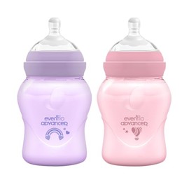 Evenflo Advanced Biberón Anticólicos Avanzado, Cuello Ancho, Rosa y Lila, Silicón Grado Alimenticio, 150ml, Sistema Doble Válvula, Flujo Lento, para B
