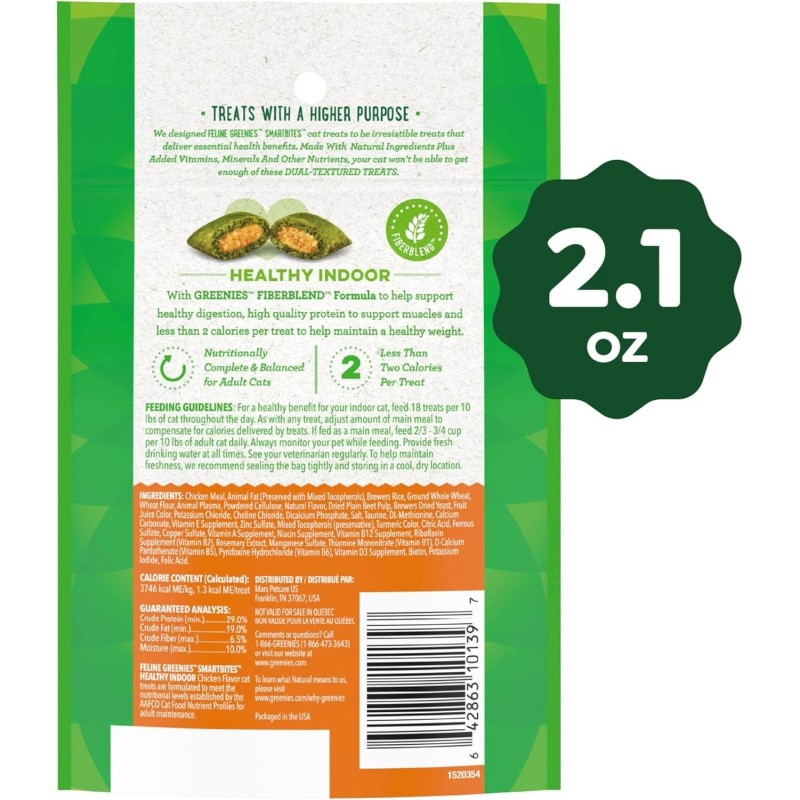 Greenies Smartbites Indoor Cat Treats – Chicken Flavor – 2.1