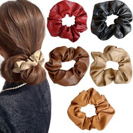 5PCS Scrunchies for Women, Faux Leather Elastic Hair Ties Ponytail Holder Suitable for Thick Thin Hair Fashion Retro Hair Accessories
