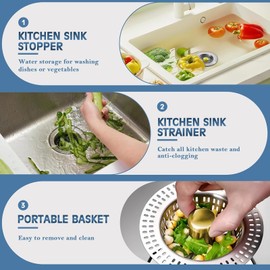 Stainless Steel Plug for Sink, Drain Strainer, Kitchen Sink, Improved 3-in-1 Kitchen Sink Plug, Sink Pressure Operated Water Reservoir, Filters Food and Hair from the Holes