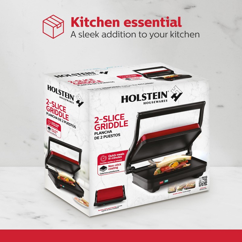 Holstein Housewares 2-Slice Electric Griddle, Non-Stick Sandwich Maker with Adjustable
