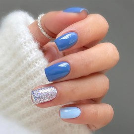 Mkwntg Blue Press on Nails Short Square Fake Nails Glossy Glue on Nails with Silver Glitter Design Acrylic Nails Solid Color Coffin False Nails Natural Stick on Nails for Women Girls Nail Decor 24Pcs