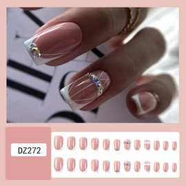 French Tips Press on Nails Medium 24Pcs Glossy Full Cover Artificial Square Fake Rhinestone Nails with Line Designs Acrylic Coffin False Nails Sets Glue on Fingernails French False Nails for Women