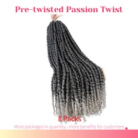 BOHOBABE Long Pre-twisted Passion Twist Crochet Hair 24 Inch Pre-looped Long Ombre Gray Crochet Passion Twist Braiding Hair 8 Packs Soft Bohemian Twists (T1B/grey)