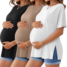 Huukeay 3 Pack Women's Maternity Shirts Loose Fit Pregnancy Tunic Tops Split Side Casual Summer Oversized Pregnancy Clothes(White, Khaki, Black,Large)