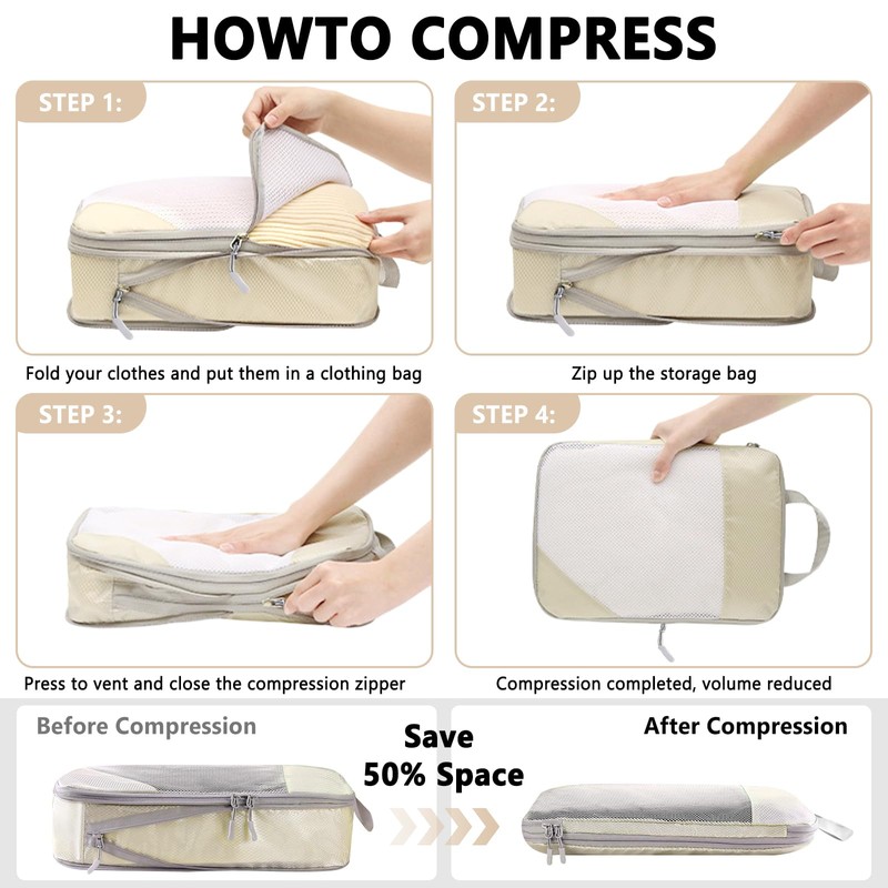 POWZOO 8-Piece Compression Packing Cubes Set, Clothes Bags, Shoe Bags,