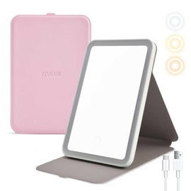 ZEVGANI Travel Makeup Mirror Portable LED Lighted Mirror with Leather Cover, Touch Screen Vanity Mirror 3 Color Lights Dimmable Brightness, USB Rechargeable Foldable Compact Travel Mirror, Pink