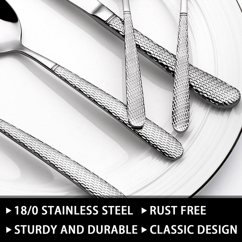 49-Piece Hammered Silverware Set with Organizer, Heavy Duty Stainless Steel