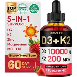 Venture Pal 5-in-1 Vitamin D3 10000 IU & K2 as MK-7 200mcg with Magnesium, MCT Oil, Zinc, Sugar-Free Vitamin D Liquid |Maximum Absorption for Bone, Mood & Immune Health - 2 FL OZ, 60 Days