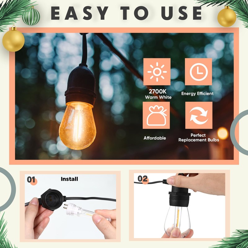 Rossesay 12 Pcs S14 Bulbs for Outdoor String Lights 1.5
