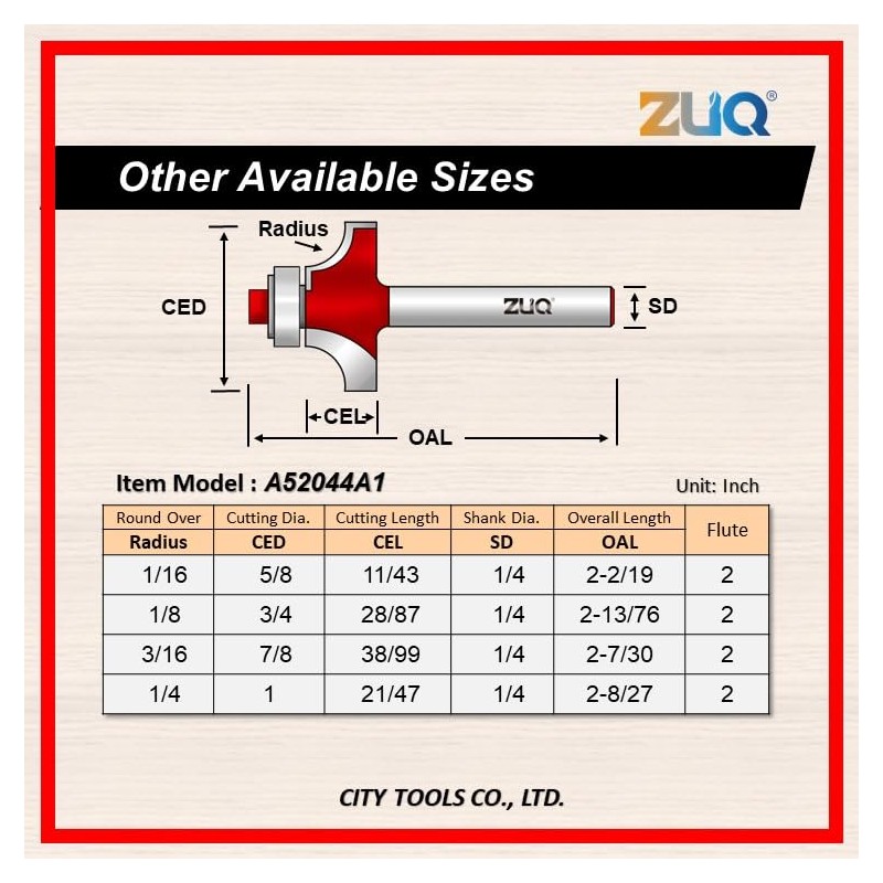 ZUQ 1/4" Radius Round Over Router bit, Precision Carbide Tipped