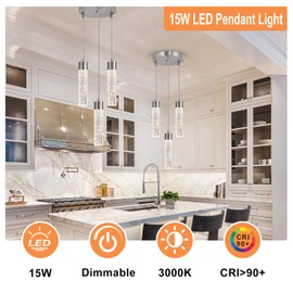 Apsekoka LED Crystal Pendant Lights,3-Light Pendant Light Fixture, Modern Pendant Lighting for Kitchen Island Brushed Nickel, LED Dimmable Ceiling Hanging Pendant Lights for Dining Room Bathroom Bar