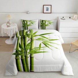 Feelyou Bamboo Pattern Bedding Set Full Size Green White Comforter Set for Teens Nature Plants Comforter Nutrue Theme Quilt Set 3Pcs