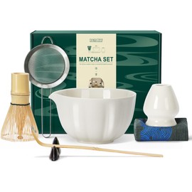 Renmxj Matcha Whisk Set,7 PCS Ceramic Matcha Kit Includes Matcha Bowl with Spout, Matcha Whisk and Holder, Bamboo Scoop, Stainless Sifter, Tea Towel, Unique Gift for Matcha Lovers (White)