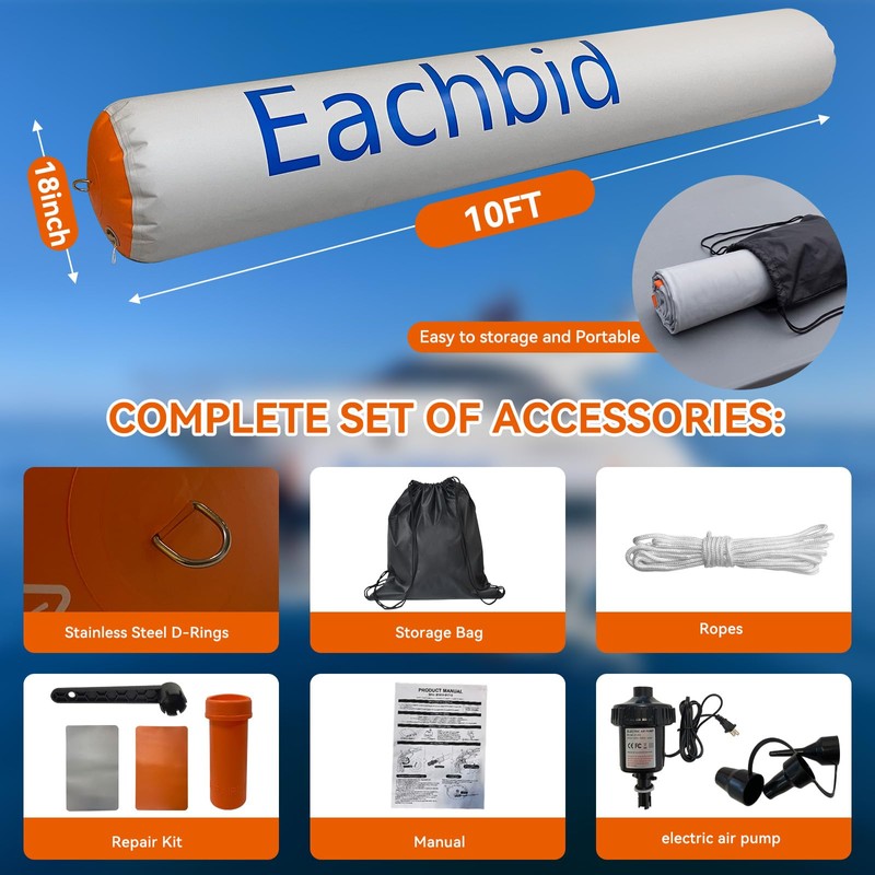 Eachbid 120”*18” Inflatable Boat Fenders for Docking, 10FT with Electric