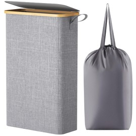 Lifewit 65L Slim Laundry Hamper with Lid, Narrow Laundry Basket with Removable Bag & Bamboo Handles, Fodable Thin Dirty Clothes Hamper for Laundry Collapsible Bin for Bathroom Bedroom Dorm, Gray