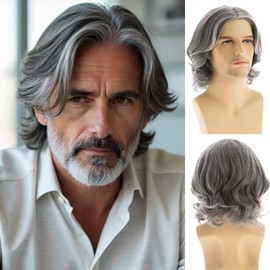 RicHyun Grey Wigs for Men Short Wavy Layered Synthetic Cosplay Party Male Hair Wig