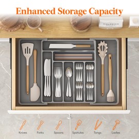 Lifewit Silverware Drawer Organizer, Expandable Utensil Organizer for Kitchen Drawers, Adjustable Cutlery and Flatware Tray, Plastic Spoons Forks Knives Holder Storage Dividers, Large, Gray