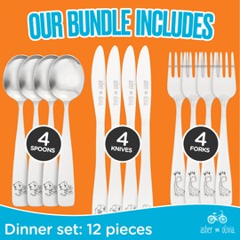 Kids Utensils Silverware Set –12-Piece Toddler Silverware Includes 4 Forks 4 Spoons and 4 Kid-Friendly Knives - Cutlery Metal Flatware Set for Preschooler Baby Child