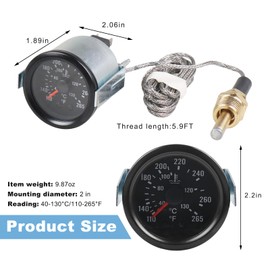 NYTKL Water Temperature Gauge, 2" 52mm Pointer Mechanical Water Temp Meter with Sensor NPT 1/2 1.8m Wire, 12V Temperature Gauge (40-130℃,110-265℉) Car Meter with LED Backlight