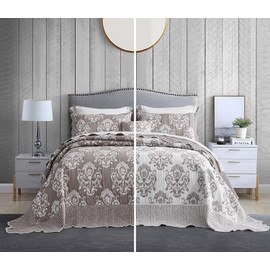 HZ & HY Oversized King Bedspread, Jacquard Matelasse Damask Pattern Design, Lightweight, Reversible, 5 Piece, 100% Microfiber, King/Cal King, Tan Brown